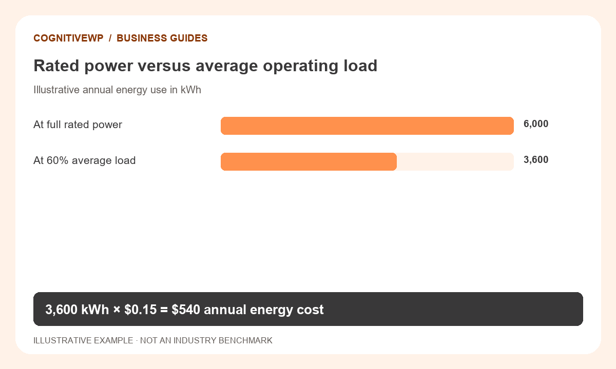 Rated power versus average operating load. 3,600 kWh × $0.15 = $540 annual energy cost. Illustrative example.